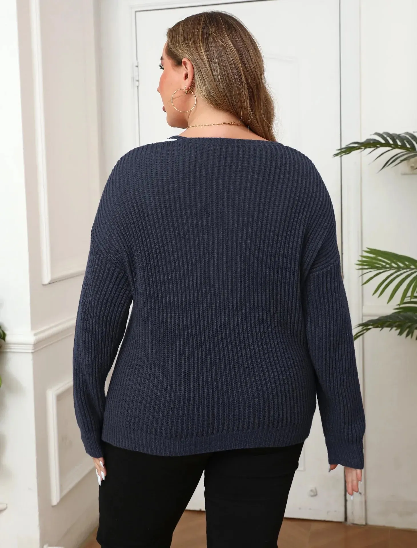 plus size women's clothing contrasting color splicing bottoming shirt large V-neck woven sweater pullover sweater women