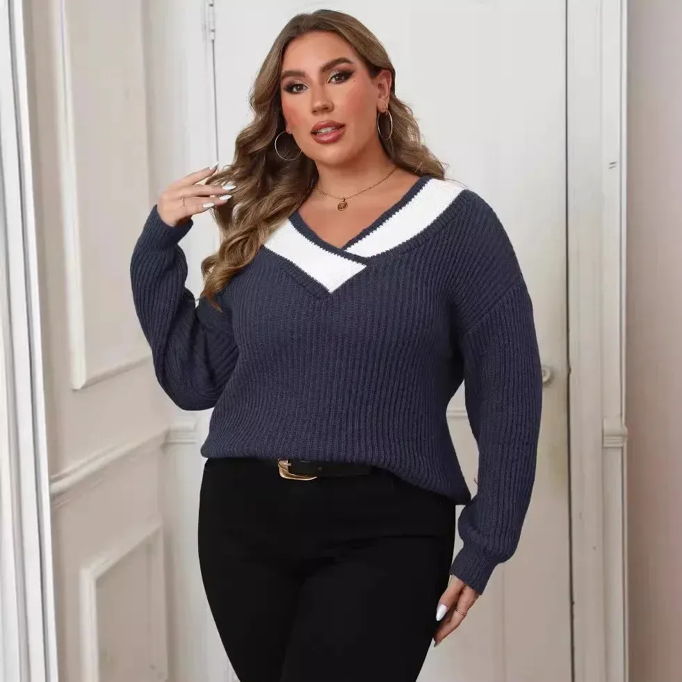 plus size women's clothing contrasting color splicing bottoming shirt large V-neck woven sweater pullover sweater women