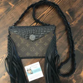 The Fringed Wren - Black Vintage Wristlet/Crossbody/Clutch Bag in Monogram