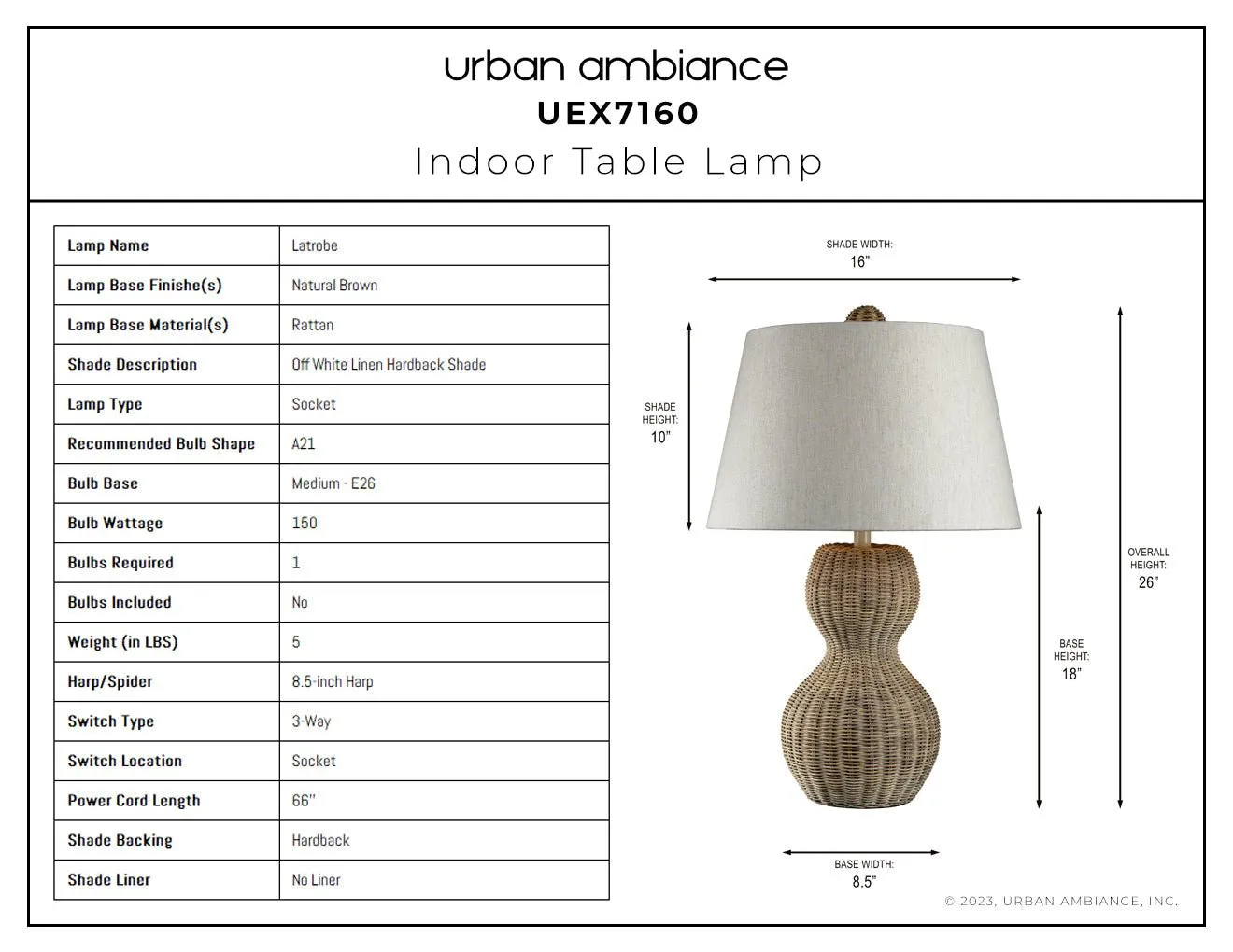 UEX7160 Scandinavian Table Lamp 16''W x 16''D x 26''H, Natural Brown Finish, Latrobe Collection
