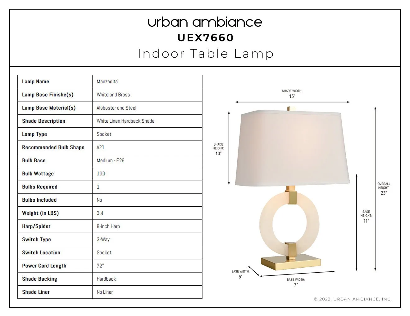 UEX7660 Contemporary Table Lamp 15''W x 9''D x 23''H, White and Brass Finish, Manzanita Collection