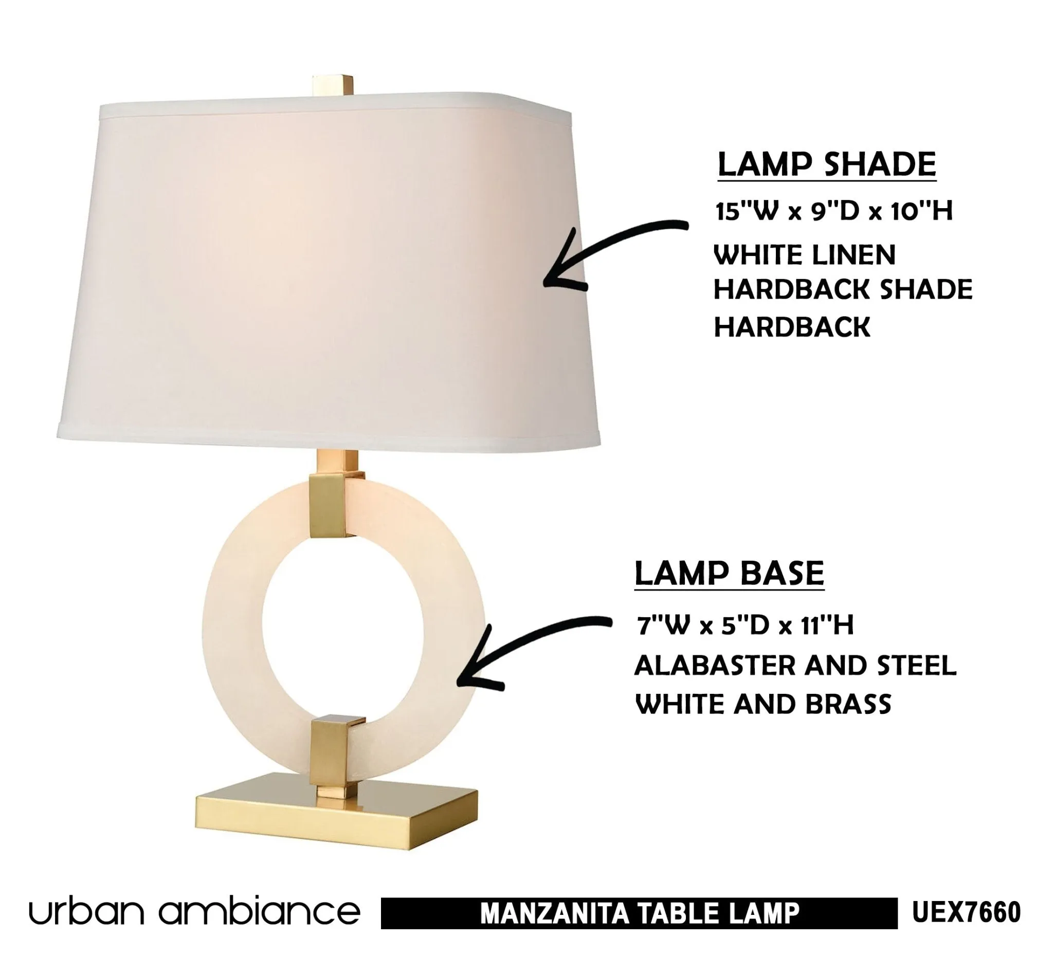 UEX7660 Contemporary Table Lamp 15''W x 9''D x 23''H, White and Brass Finish, Manzanita Collection