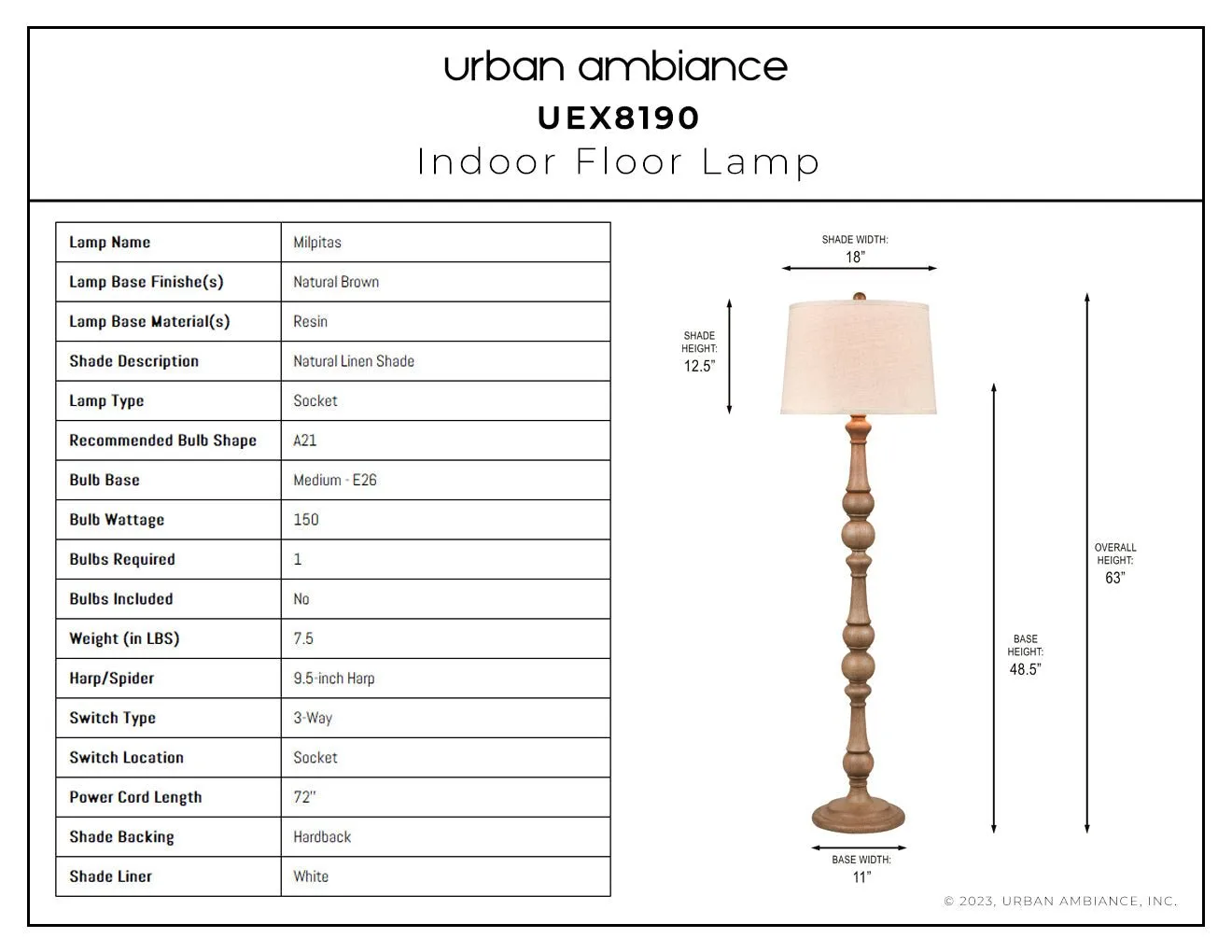 UEX8190 Modern Farmhouse Floor Lamp 18''W x 18''D x 63''H, Natural Brown Finish, Milpitas Collection
