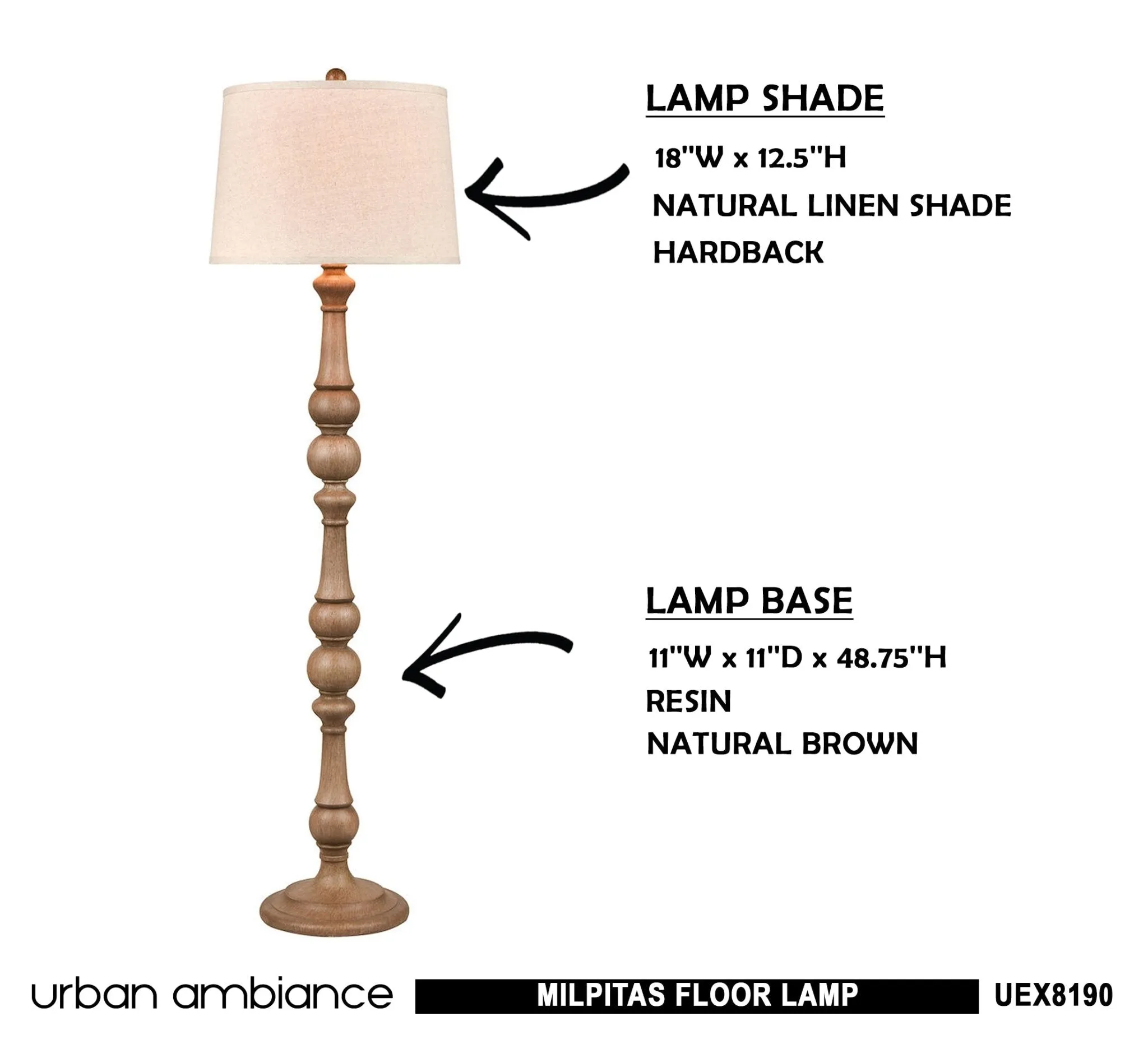 UEX8190 Modern Farmhouse Floor Lamp 18''W x 18''D x 63''H, Natural Brown Finish, Milpitas Collection